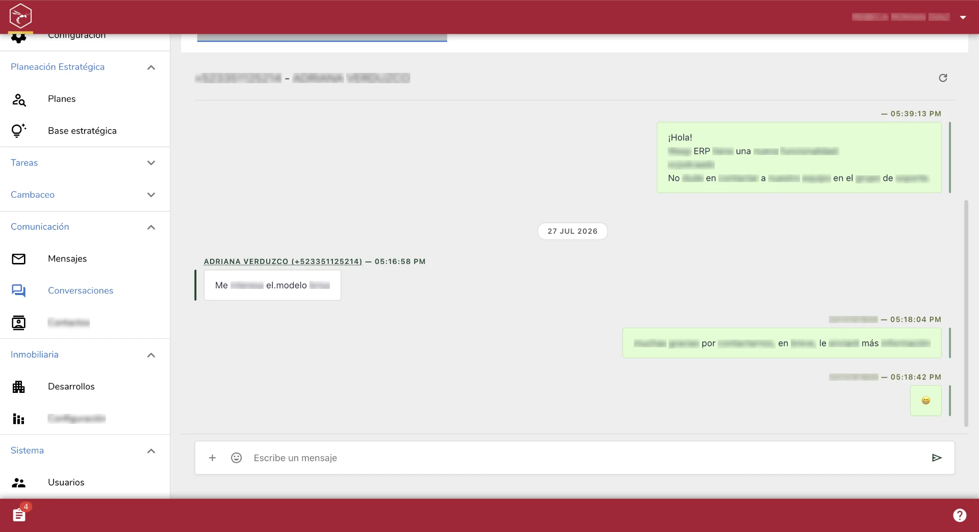 WASP Estate — conversación de WhatsApp con un prospecto dentro del CRM